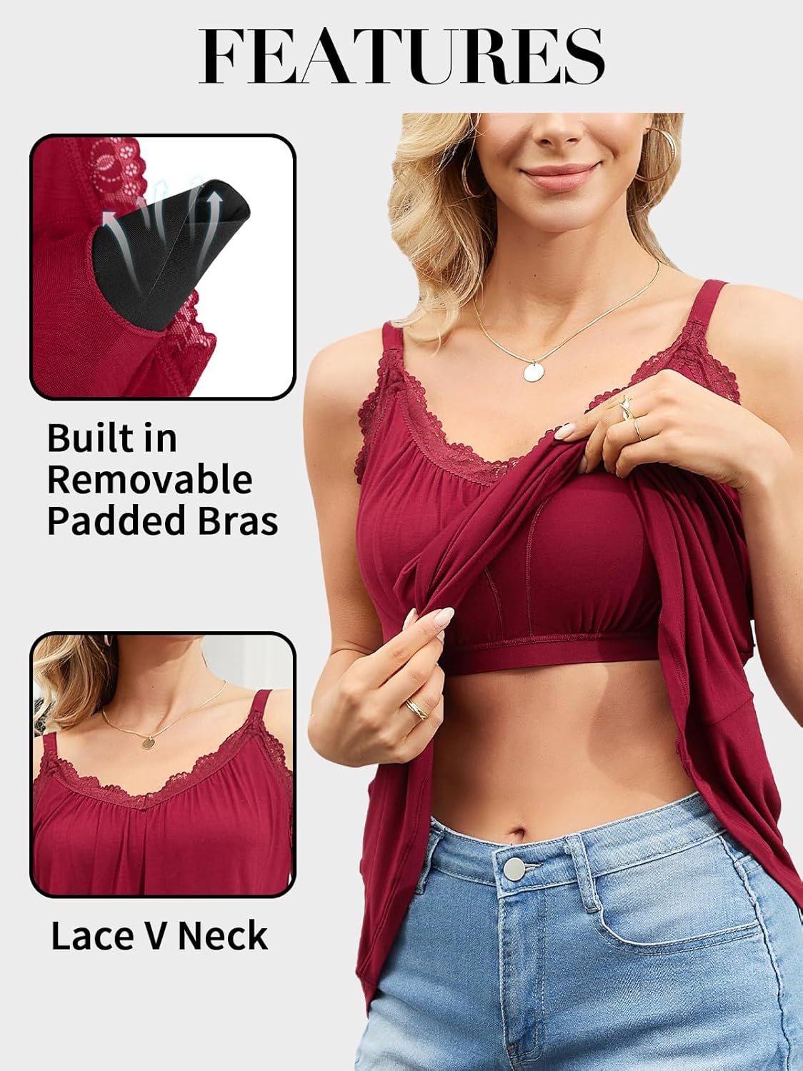 V FOR CITY Flowy Camisole Tops for Women with Built in Bra V Neck Lace Spaghetti Strap Tank Top Loose Fitting Tunic - Image 4