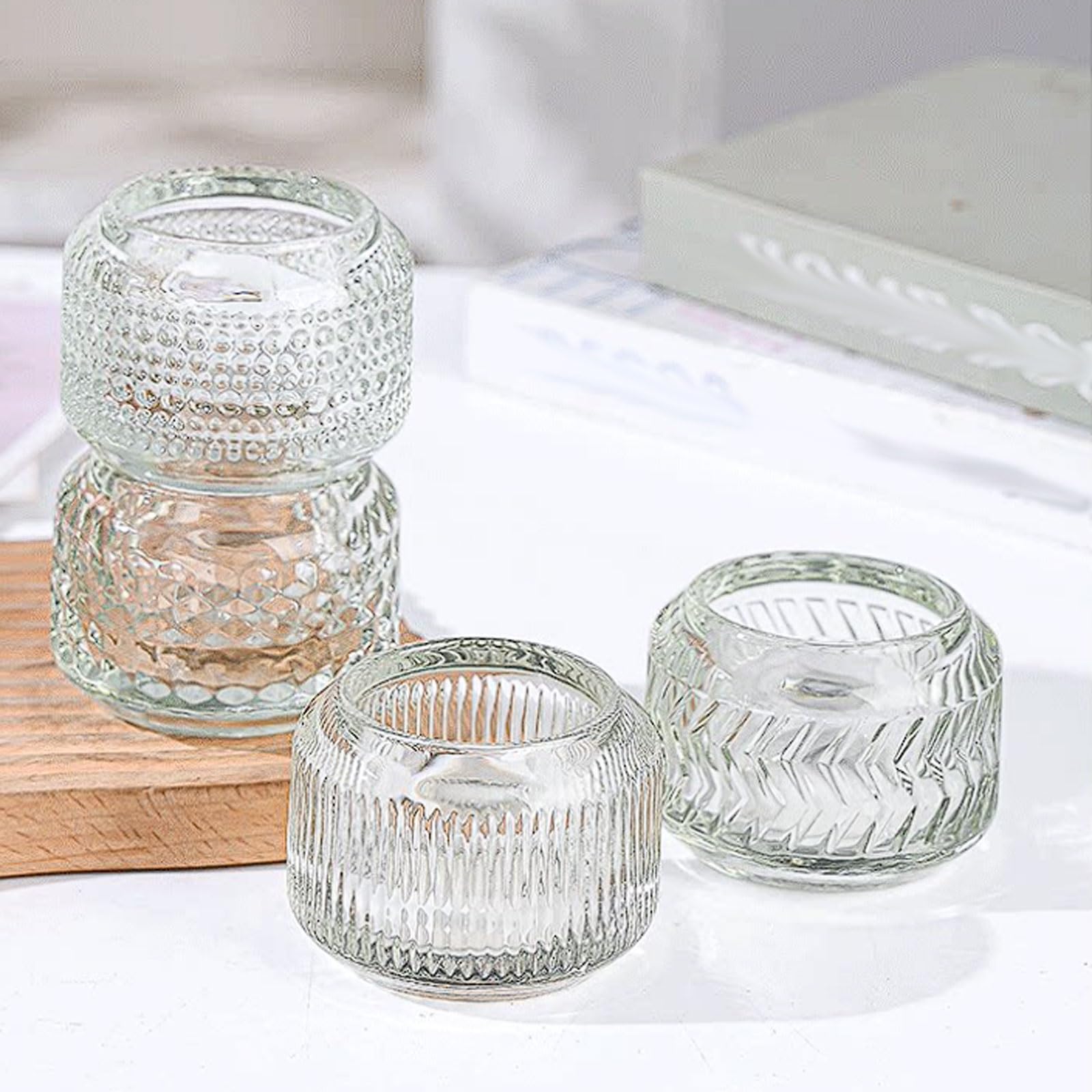 Bougeoir de Bureau en Verre Cristal, Ensemble 4 bougeoirs avec Quatre Styles texturés, Accessoire Photographie, Ouverture à Large Bouche