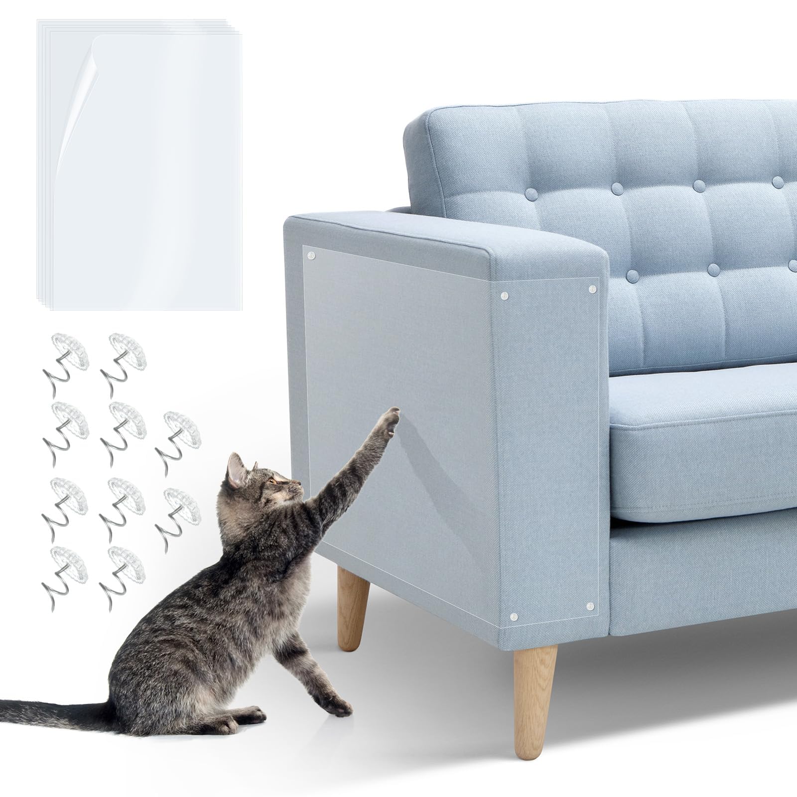 Protector para Gatos, 6PCS 20 * 45CM Protector Gatos Sofa, Transparente Antiarañazos Protectores de Sofa para Gatos con 10 Tornillos para Proteger Puerta Mesa Armario Alfombras, Sofás