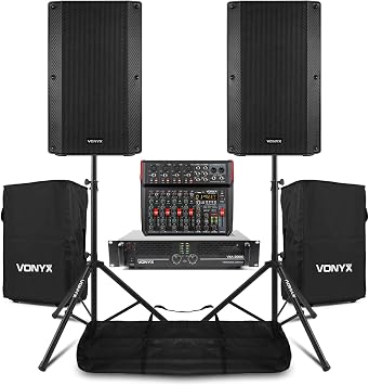 VONYX Complete Passive PA System - 2x VSA15P 15" 2000W Speakers, VXA-2000 MKII Amplifier, VM-KG08 Mixer, Tripod Stands & Speaker Covers - Ideal for Live Events, DJs & Venues
