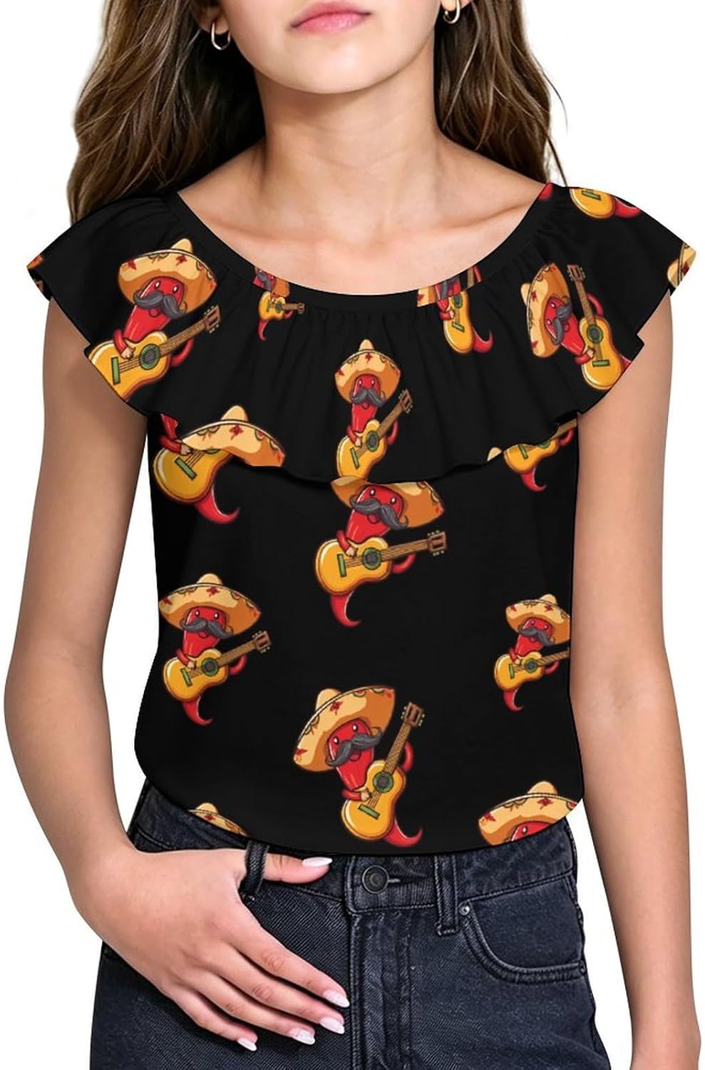 Red Chili Pepper Girls T-Shirts Top Ruffle Short Sleeve Blouse Casual Graphic Tees
