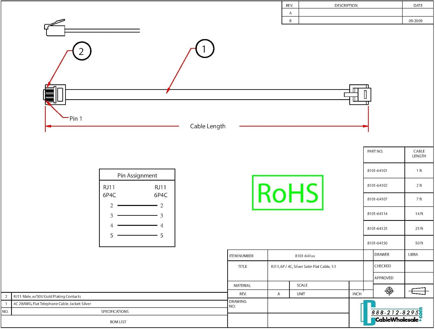 2 feet Telephone Cord (Data), RJ11 Gold Plated Connectors, 6P / 4C, Silver Satin, 28AWG, Straight, RJ11 Phone Cable, CableWholesale : Electronics