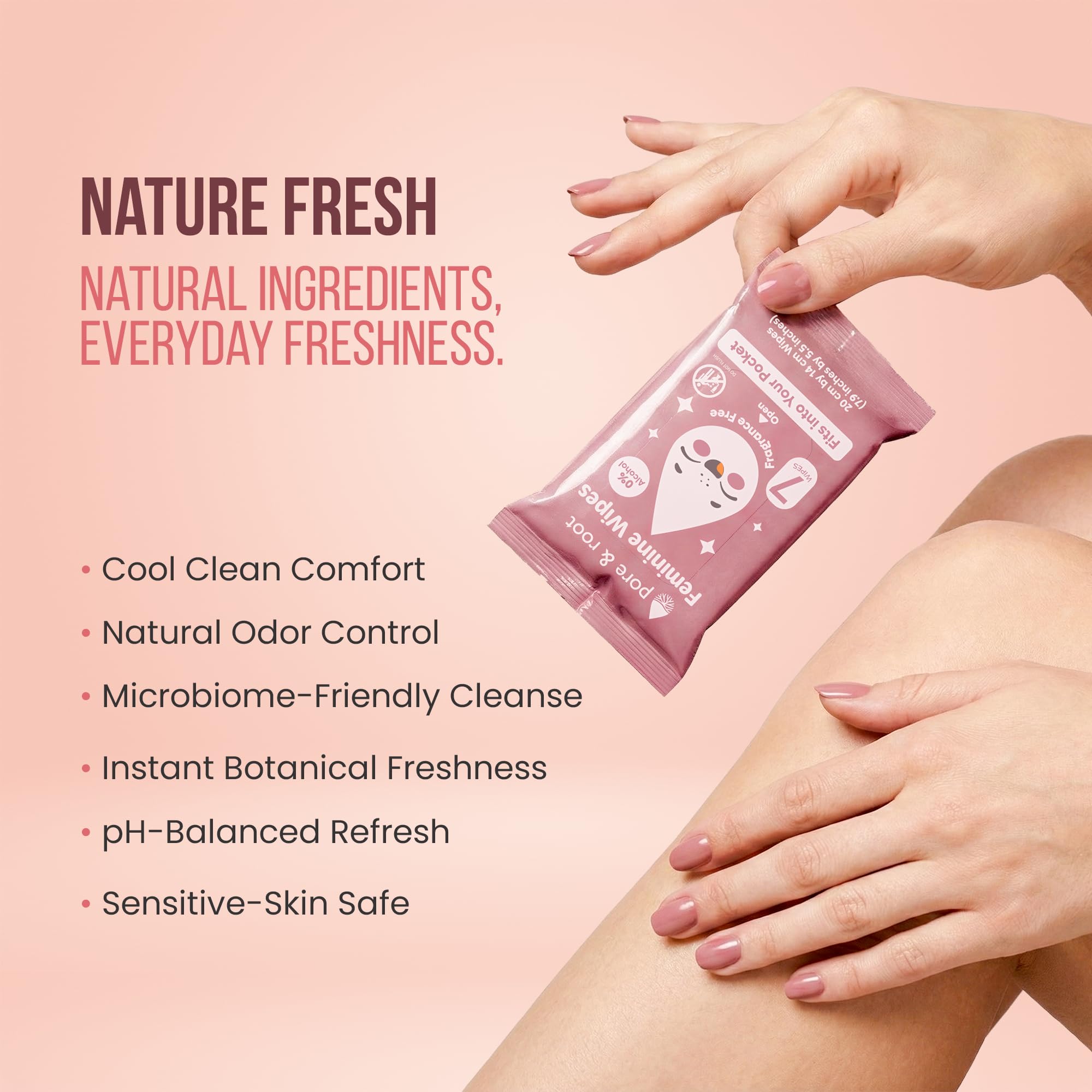 PORE & ROOT Feminine Wipes – Pocket Wipes for Sensitive Skin, Fragrance & Alcohol-Free, Travel-Friendly, Individually Wrapped, with Aloe & Lactic Acid, Gentle Daily Refresh– (08 Pack)