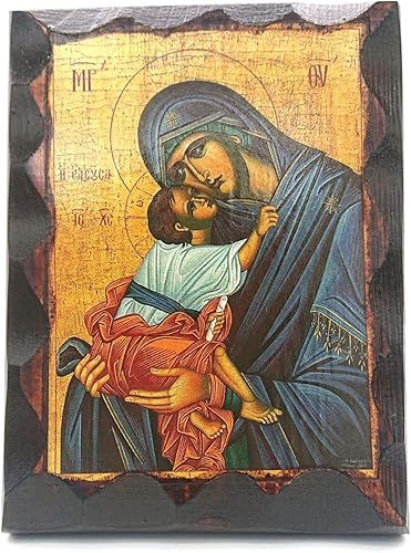 Icono de madera bendecido griego cristiano ortodoxo hecho a mano Virgen María Eleosa con Jesucristo (16 X 4.7 in o 6.3 X 4.7 in) Madera maciza