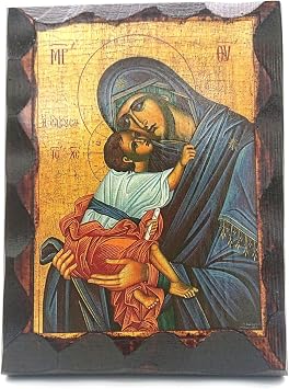 Mastic of Chios Blessed Wooden Greek Christian Orthodox Handmade Icon Virgin Mary Eleousa With Jesus Christ 16 X 12 cm or 6.3 X 4.7 in Solid Wood