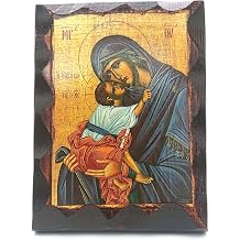 Mastic of Chios Blessed Wooden Greek Christian Orthodox Handmade Icon Virgin Mary Eleousa With Jesus Christ 16 X 12 cm or 6.3 X 4.7 in Solid Wood
