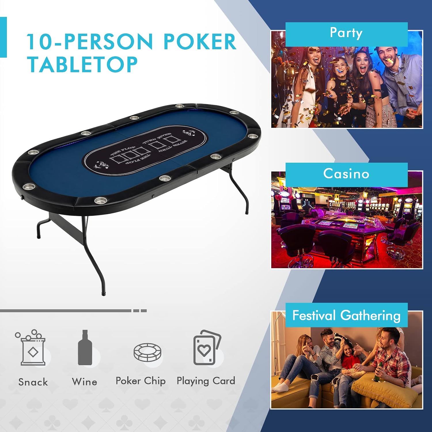 Giantex 10 Players Poker Table with Cup Holder, Folding Casino Leisure Table with 4 USB Ports, Extra Lights, Easy to Assemble, Foldable Game Poker Tables for Texas, Card Games, Blue