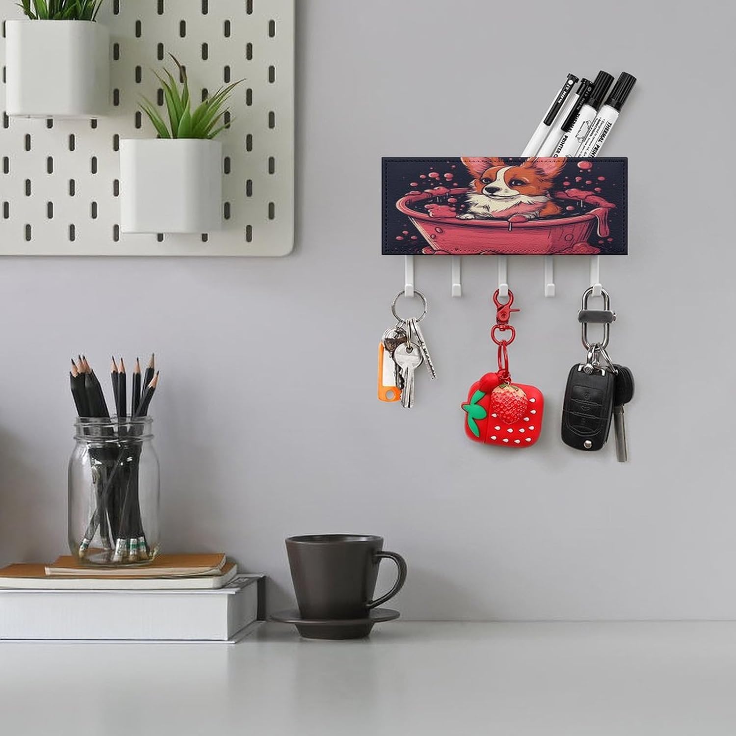 Key Holder Wall Mount Key Hanger with 5 Hooks, Decorative Key Rack | Corgi in Bathtub Hanging Key Hooks with Mail Organizer for Wall Living Room Kitchen Bathroom Hallway