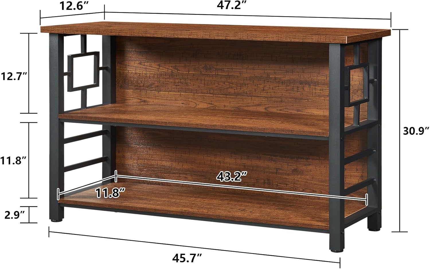 HOMISSUE Book Shelf, 3 Tier Long Bookshelf with Storage, Engineered Wood and Metal Shelf Bookcase, Low Short Bookcases for Small Space, Living Room, Bedroom, Office, Rustic Brown