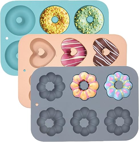 Paquete de 3 moldes de silicona para donas para hornear, molde antiadherente para donas, 6 Cavity Heritage Bundtlette Cake Molde de silicona para
