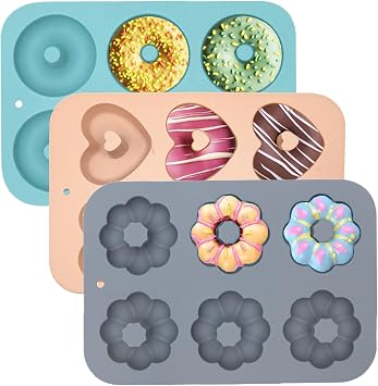 SmartKitch Silicone Donut Pan 3pcs Non-Stick Doughnuts Baking Pans for Donuts, 6 Cavity Heritage Bundtlette Cake Silicone Mold for Baking Blue+Gray+Pink