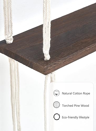 Miniatura 6 de Mkono Estante colgante de pared de macramé, estantes flotantes de madera de 3 niveles con bonita cuerda tejida, decoración bohemia para habitación,