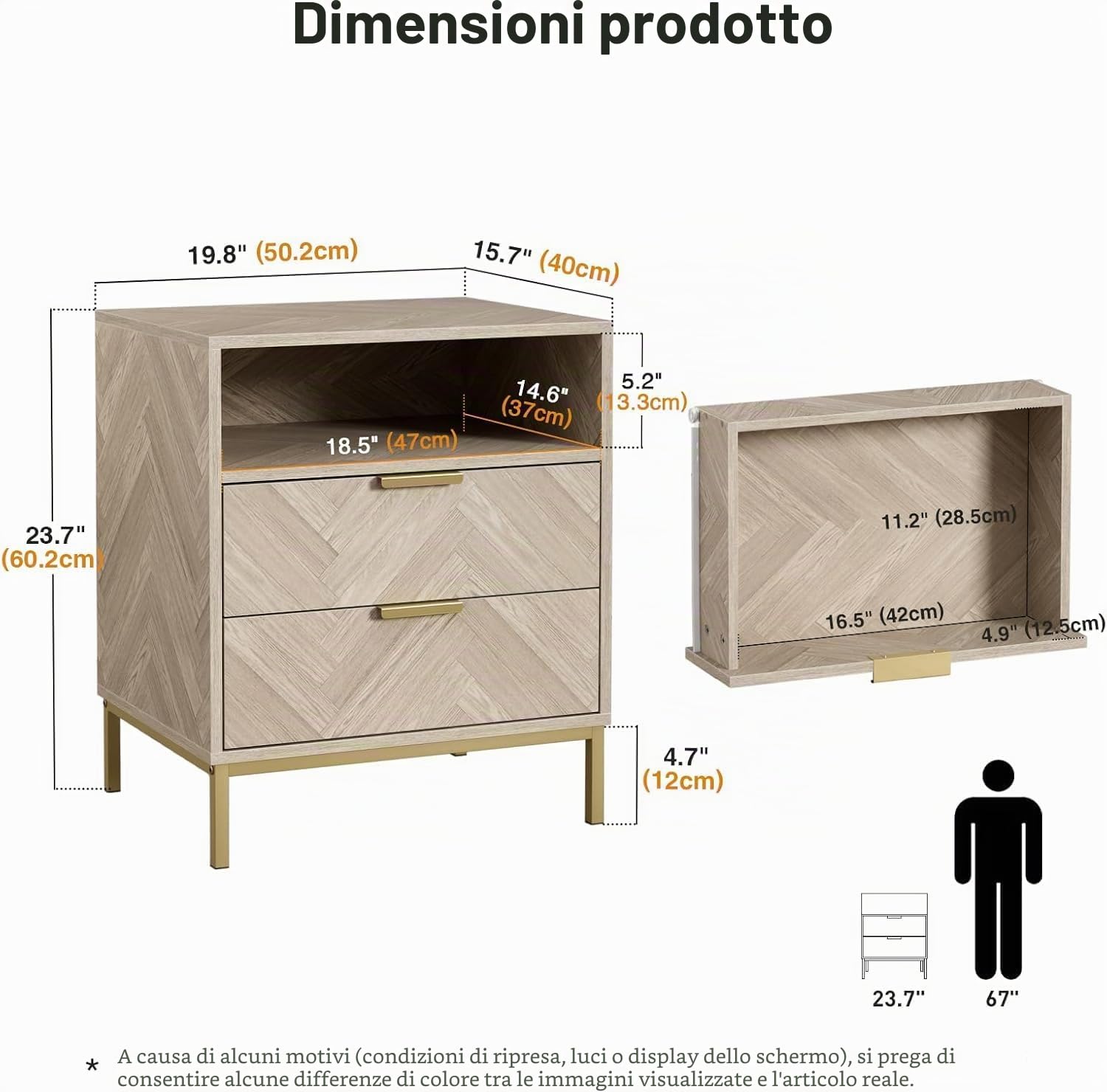 Legno Comodino Camera da Letto con 2 Cassetti e Scomparto Aperto Tavolino da Salotto Motivo a Spina di Pesce, Gambe in Metallo per Soggiorno Camera da Letto Moderno Quercia 50.2 x 40 x 60.2 cm