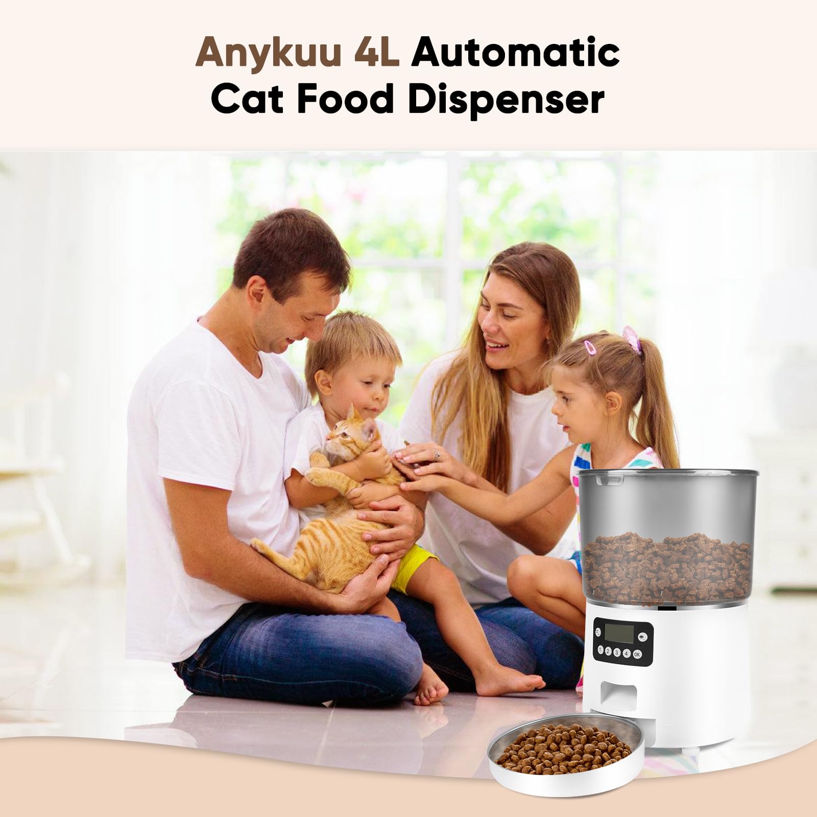 Anykuu 4 L Comedero Automático para Gatos Dispensador de Comida para Perros comedero Gato automatico con Temporizador 1-4 Comidas al Día/1-9 Porciones por Comida para Mascotas Pequeñas y Medianas