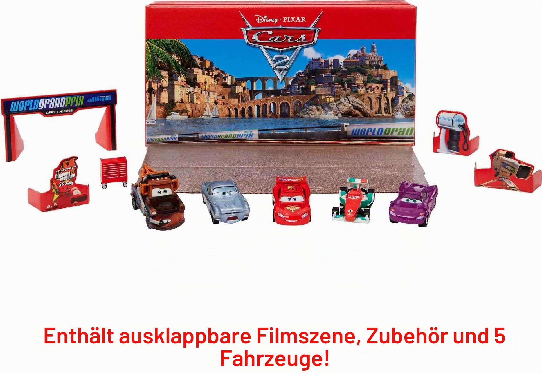 Disney Pixar Cars HFN82 - Cars 2 Sammlung mit 5 Fahrzeugen, Set aus 5 Charakterfahrzeugen, 1 Werkzeugwagen, inspiriert vom World Grand Prix aus dem Film Cars 2, Spielzeug für Kinder & Fans ab 3 Jahren