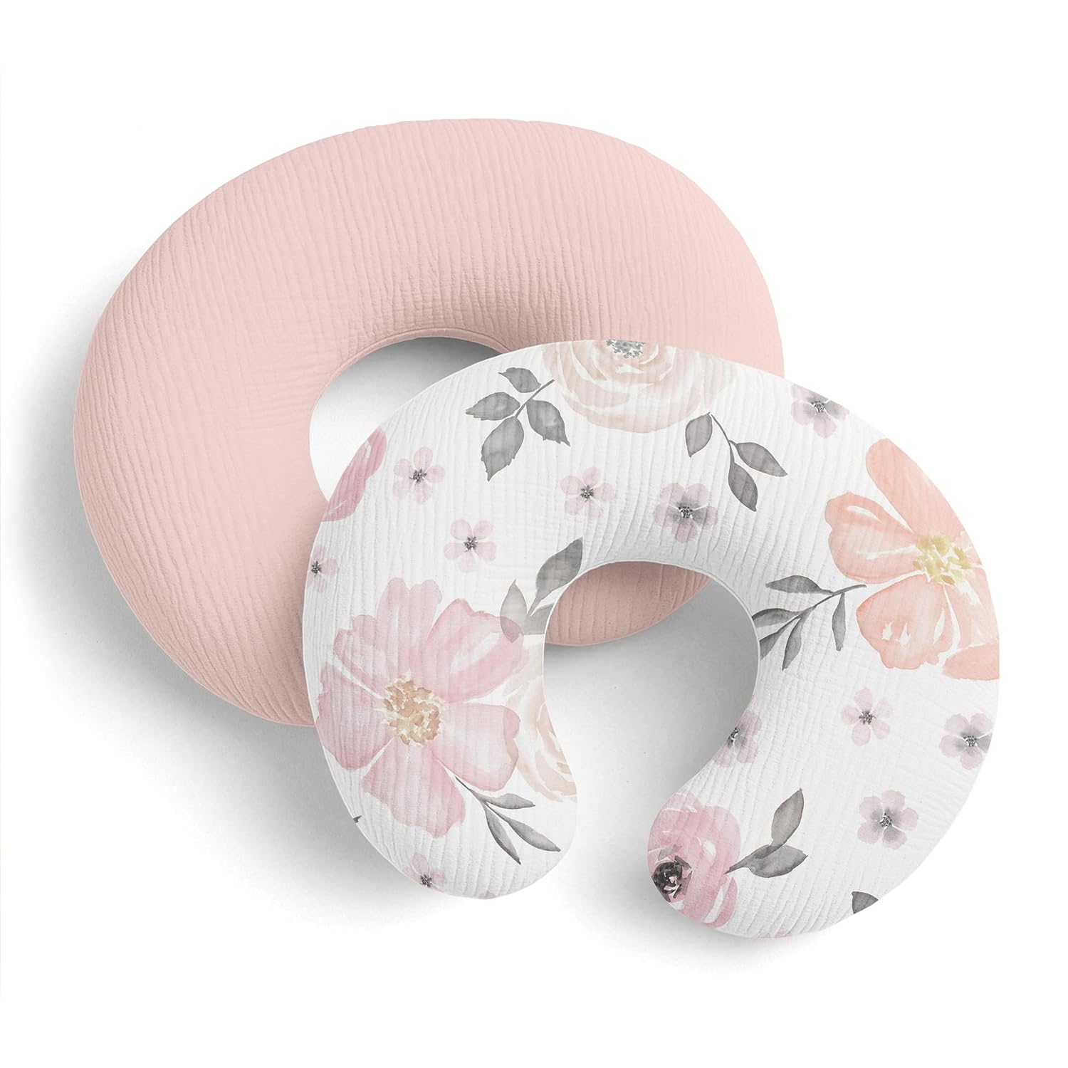 Sweet Jojo Designs 2-Piece Muslin Nursing Pillow Covers Set (Pink/Grey Watercolor Floral) for Newborn Baby Girls 100% Cotton Breastfeeding Pillowcases-PILLOW NOT INCLUDED (Shabby Chic, Boho Farmhouse)