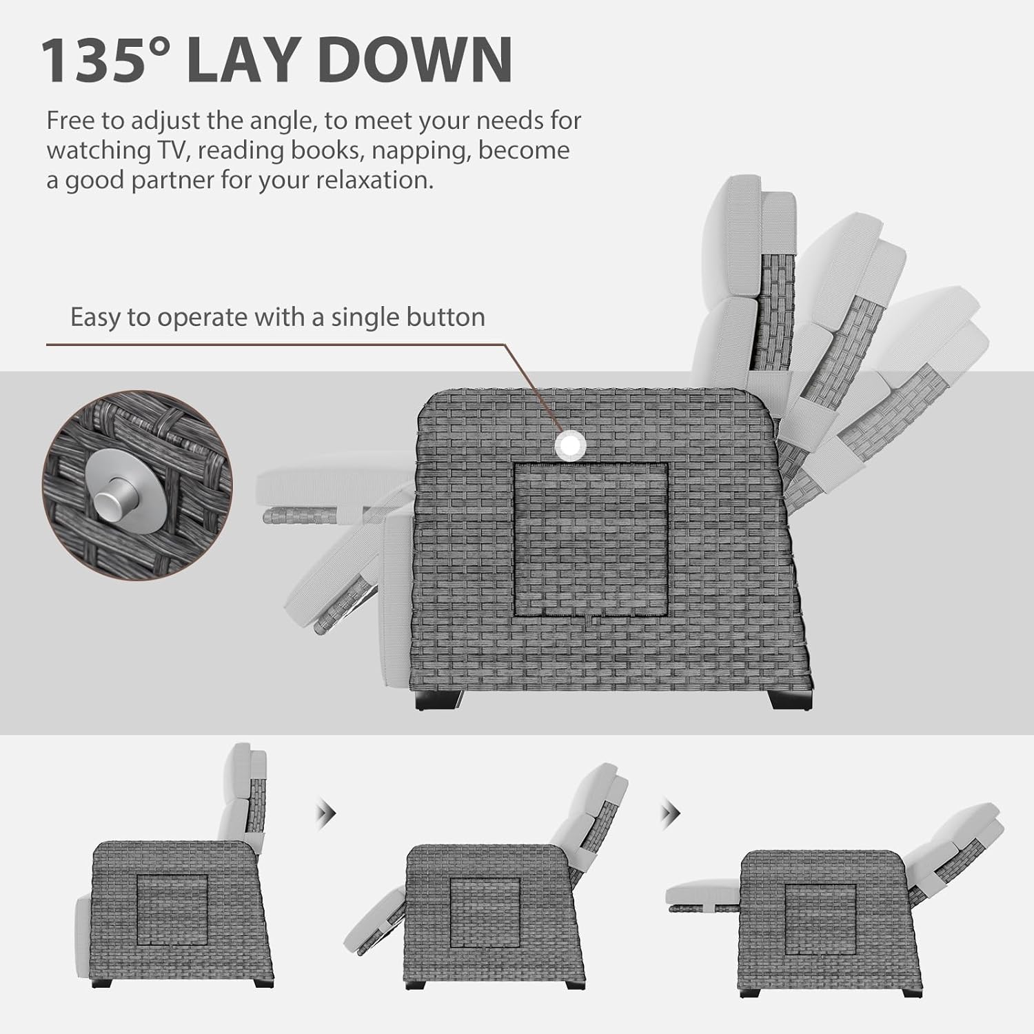 Restland Outdoor Recliner with Independent Adjustable Back & Footrest Wicker Patio Reclining Chair with Flip Table Comfortable Lounge Chair & Thick Cushion for Deck, Porch (Grey)