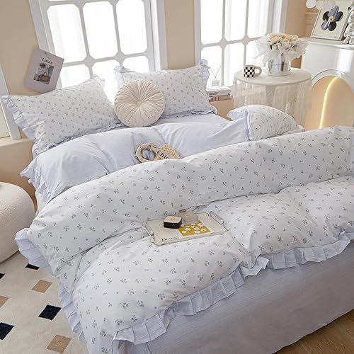 Miniatura 18 de Juego de funda de edredón floral tamaño individual, de algodón suave, 3 piezas, transpirable, con estampado de flores, estilo Shabby Chic, para B