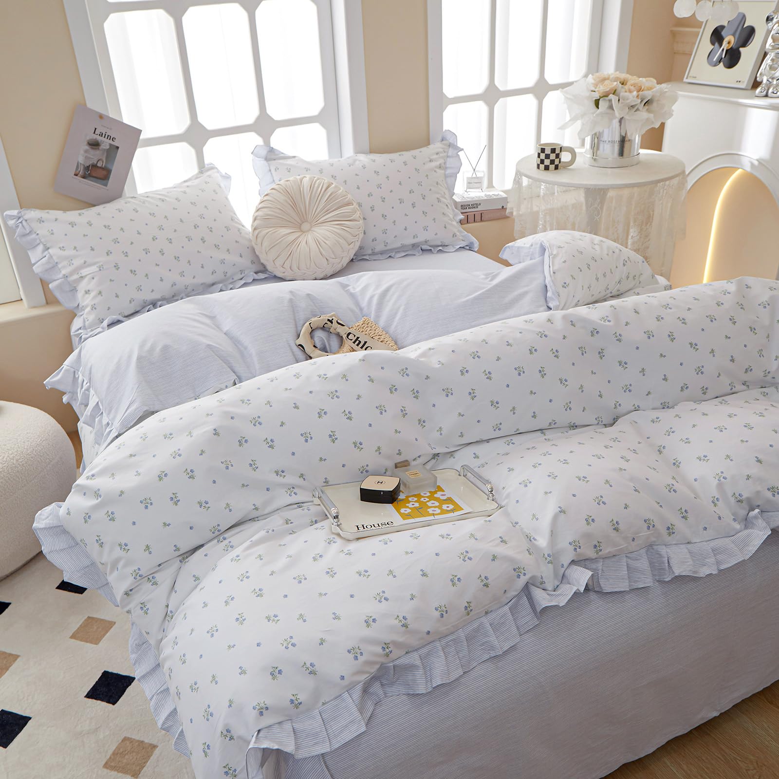 AMZTOP Chic Blue Ruffle Floral 100% Cotton Duvet Cover Queen Size Set, 3Pcs Teen Girls Flower Comforter Cover with Zipper Closure, Princess Bedding Sets 90