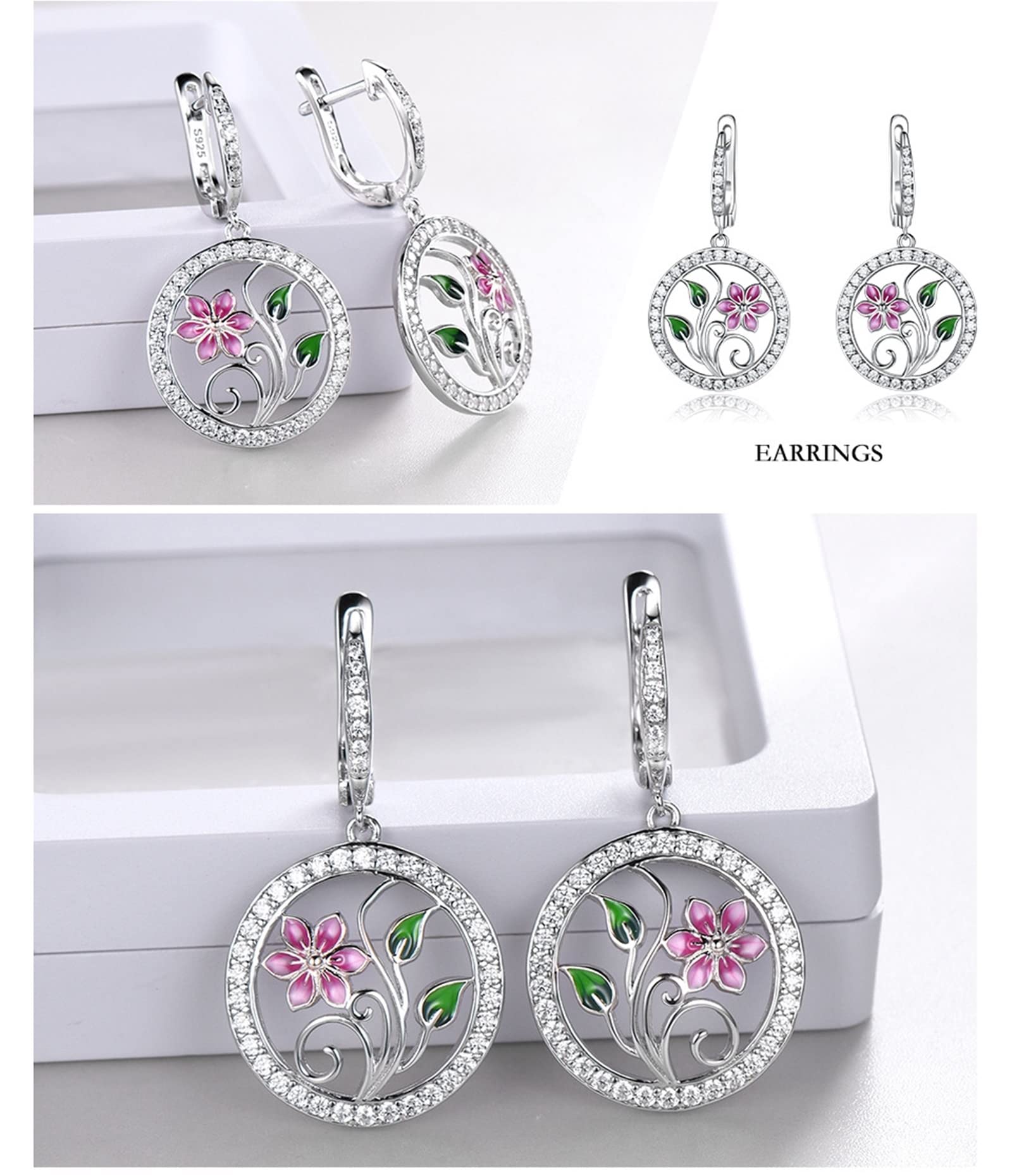 Set di gioielli in argento 925 per le donne, set di gioielli rosa CZ per le donne smalto fiore orecchino collana e anello Lady Jewelry Set, 40+5 CM, Metallo Argento sterling Gemma, Zirconia cubica