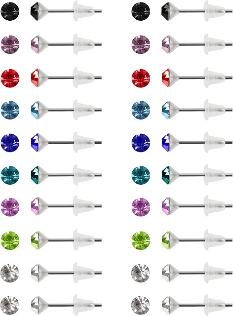 Kurtzy 20 Pairs Round Cubic Zirconia Stud Earrings with Storage Box - 4mm - 9 Assorted Birthstone Colours, Stainless Steel with Soft Rubber Back Stoppers - CZ Earring Studs For Women & Girls