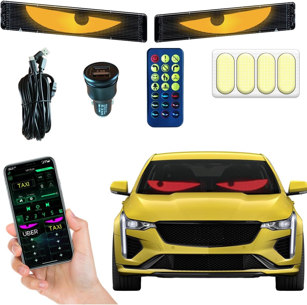 2PCS High Brightness Devil Eyes for Car Windshield, RGB Flexible LED Matrix Screen for Sedan SUV Semi Truck, Scrolling LED Sign, One-Click Sync, Remote & iOS Android APP Control(14x4 inch)