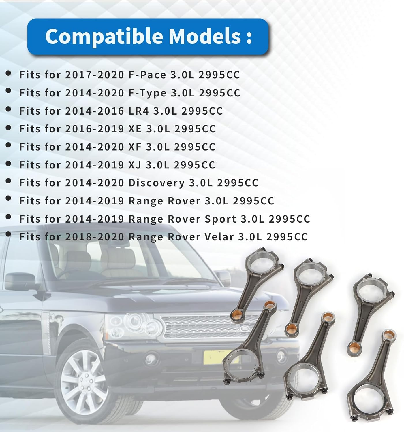 AJ126 Engine Connecting Rods 6pcs Fit for 2014-2020 F-Type 3.0L, Fit for 2014-2019 Range Rover 3.0L, Replace OE AJ126