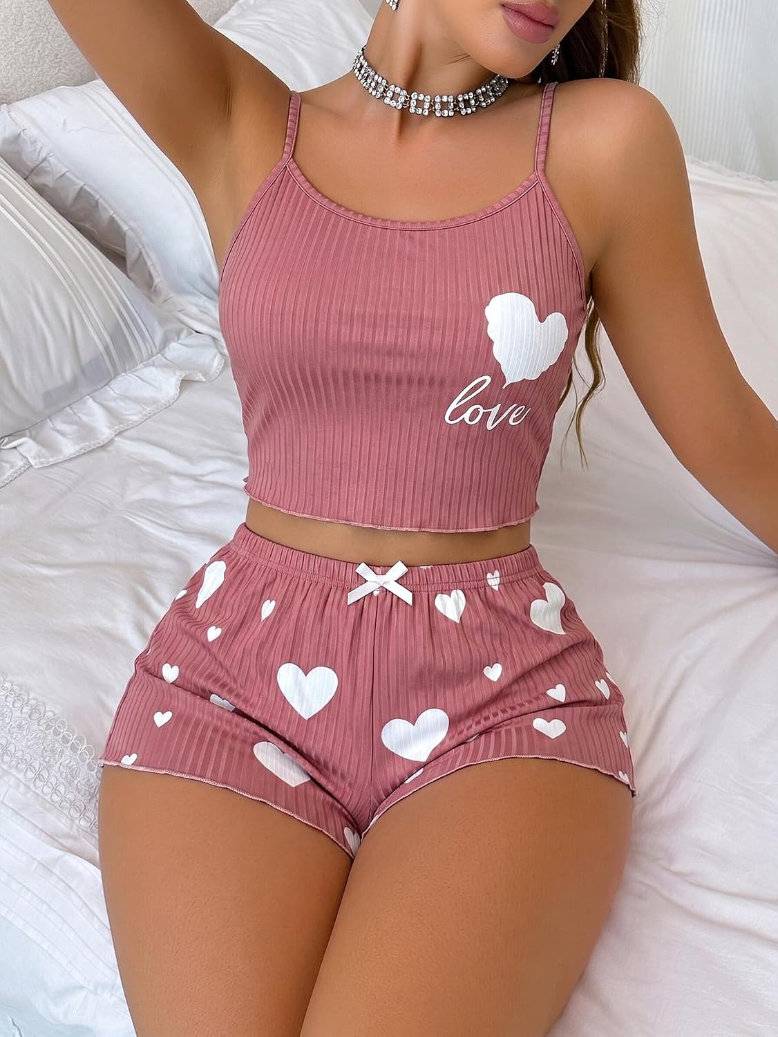 VILOVE Cute Pajama Sets for Women Sexy Pjs 2 Piece Cami Ribbed Sleepwear image 4