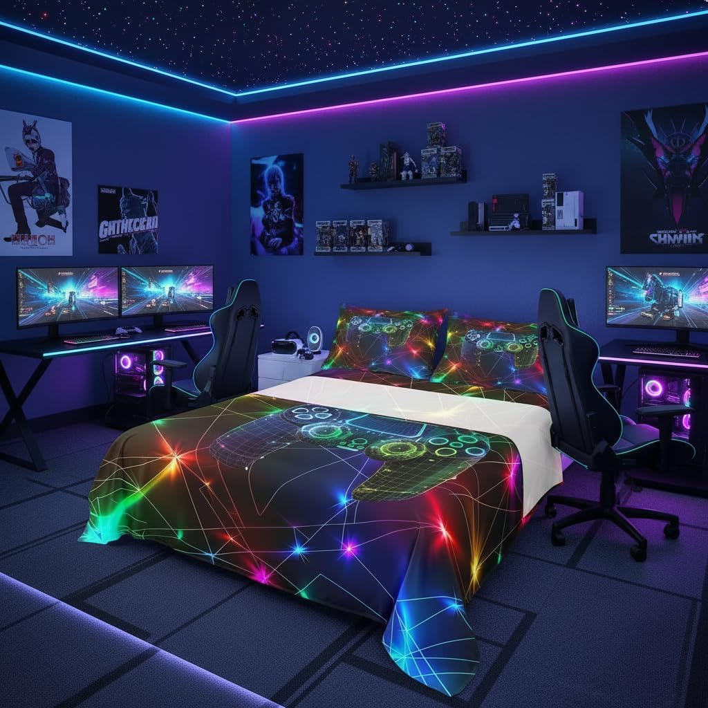 Manfei Gamepad Bed Sheet Set Twin Size,Modern Video Game Controller Sheet Set Kids Teens,Rainbow Neon Lights Glowing Crossed Stripes Bedding Set with 1 Flat & 1 Fitted Sheet with 1 Pillow