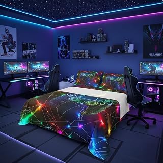 Manfei Gamepad Bed Sheet Set Twin Size,Modern Video Game Controller Sheet Set Kids Teens,Rainbow Neon Lights Glowing Crossed Stripes Bedding Set with 1 Flat & 1 Fitted Sheet with 1 Pillow