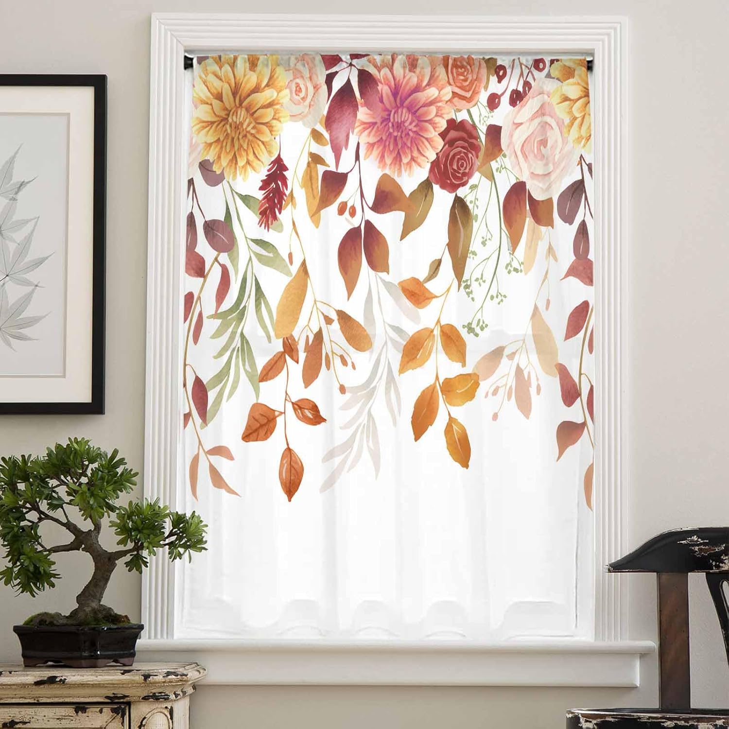 Thanksgiving Flowers Semi Sheer Curtains Drapes for Living Room Bedroom French Doors Window 96 Inches Long, Farmhouse Autumn Floral Leaves Rod Pocket Chiffon Curtain Drapery Voile Draperies Panel