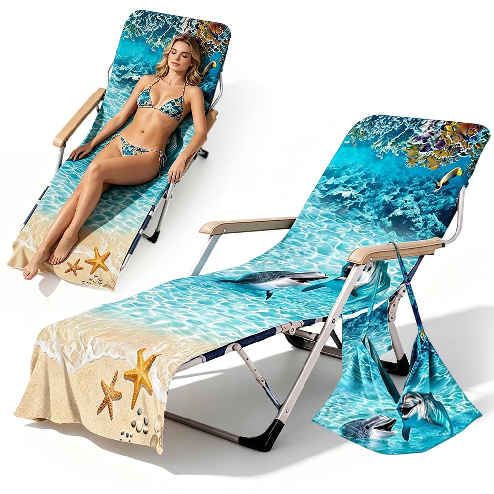 Piashow Ocean Protective Cover for Garden Lounger, Beach Sun Lounger Towel for Sun Lounger with 2 Pockets, Beach Towel Microfibre Quick Drying Beach Towel, Lounger Cushion 210 x 73 cm (A-73)