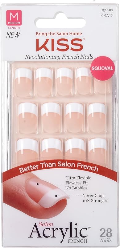 KISS Salon Acrílico, Uñas a presión, Pegamento para uñas incluido, 'Rumour Mill', Blanco, Tamaño mediano, Forma escuadrada, Incluye 28 uñas, 2 g de pegamento, 1 barra de manicura, 1 mini lima