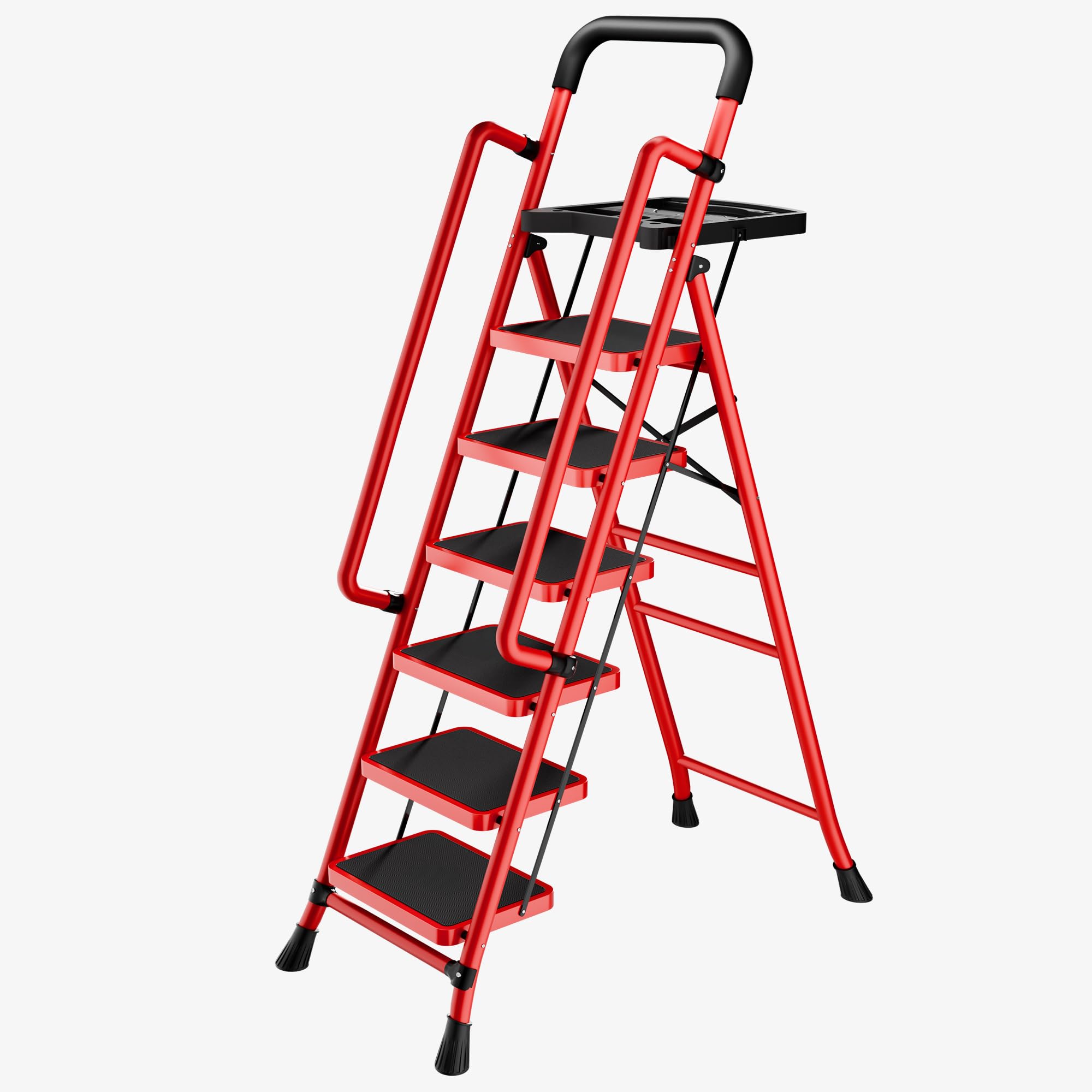 Condition photo showing New/Like New for Step Ladder with Platform,Folding Step Stool 330 Lbs Load,Heavy Duty Step Ladders with Anti-Slip Widen Pedals,Handrail,Safe-Lock Design,Step Ladder for Adults (Red, 6 Step+Handrail)