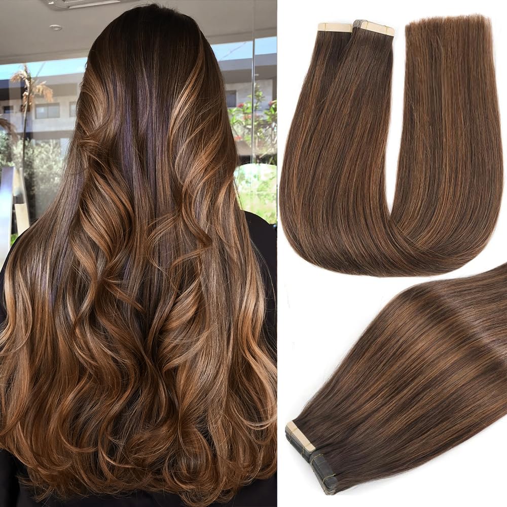 YDDM Extensiones de pelo humano con cinta adhesiva, 20 unidades, 60 cm, 50 g, color marrón claro con rubio dorado — view 32