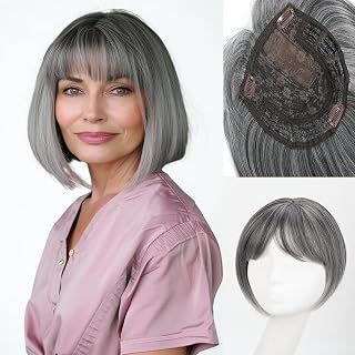 Women's Bob Hair Toppers with Bangs - Synthetic Side Part Pieces for Thinning Hair (Grey)