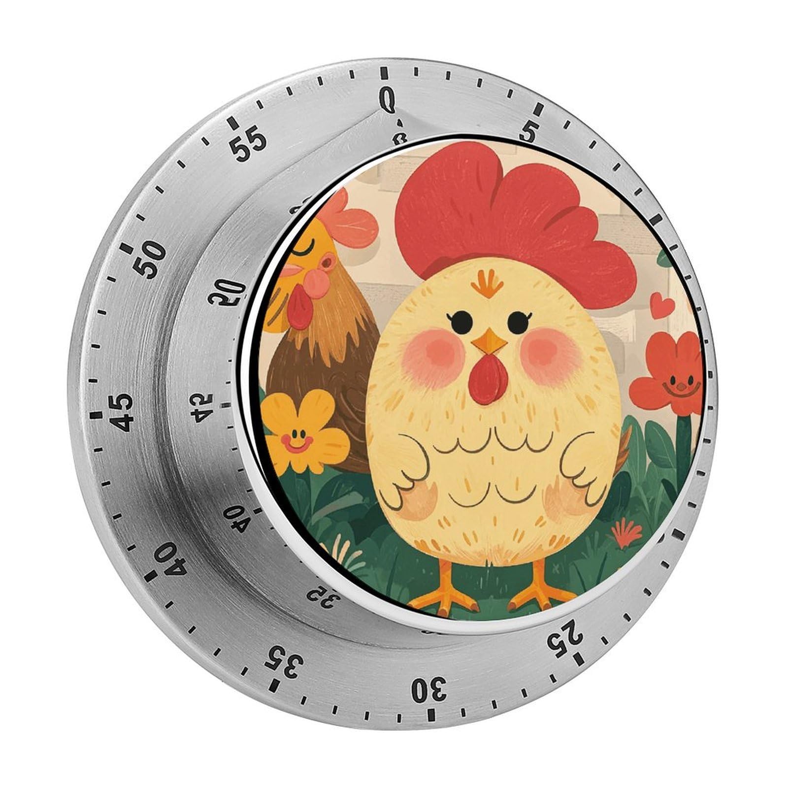Mechanical Kitchen Timer with Magnetic Back, Stainless Steel Manual Cute Rooster Chickens Printed Timer for Cooking and Time Management