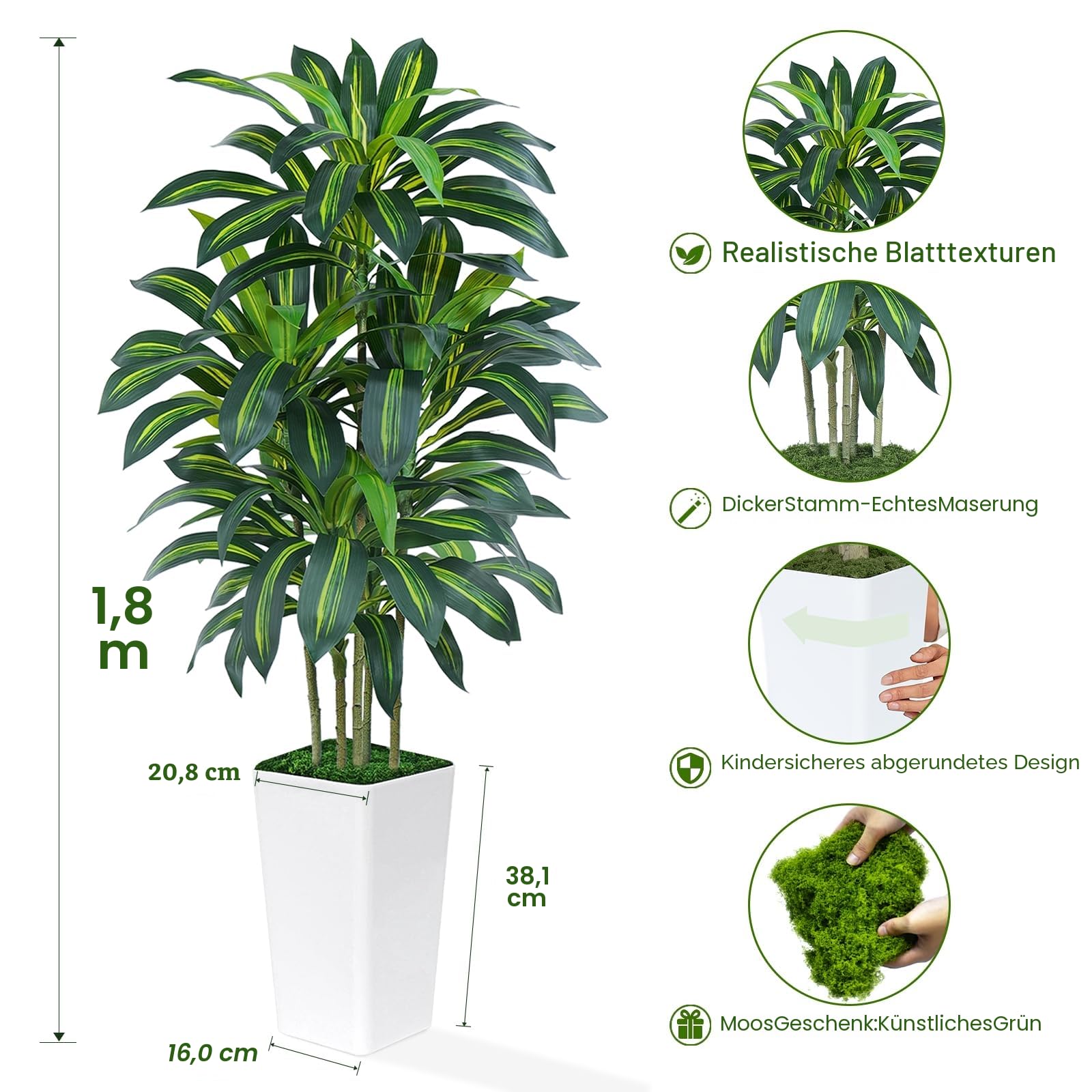 Kunstpflanze Dracaena Pflanze 180cm mit Weißem Pflanzgefäß, kunstpalme groß wie echt mit 108 Blätter, Kunstbaum für Innendekor Wohnzimmer Schlafzimmer Büro Garten Haus Decor