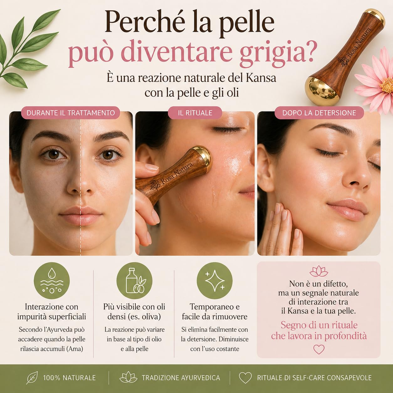 Kansa Wand Rosa Natura – Massaggiatore Viso Ayurvedico, Doppia Testa Bronzo e Teak, Effetto Lifting Naturale, Anti-Età, Pelle Luminosa e Distesa, Massaggio Viso e Collo