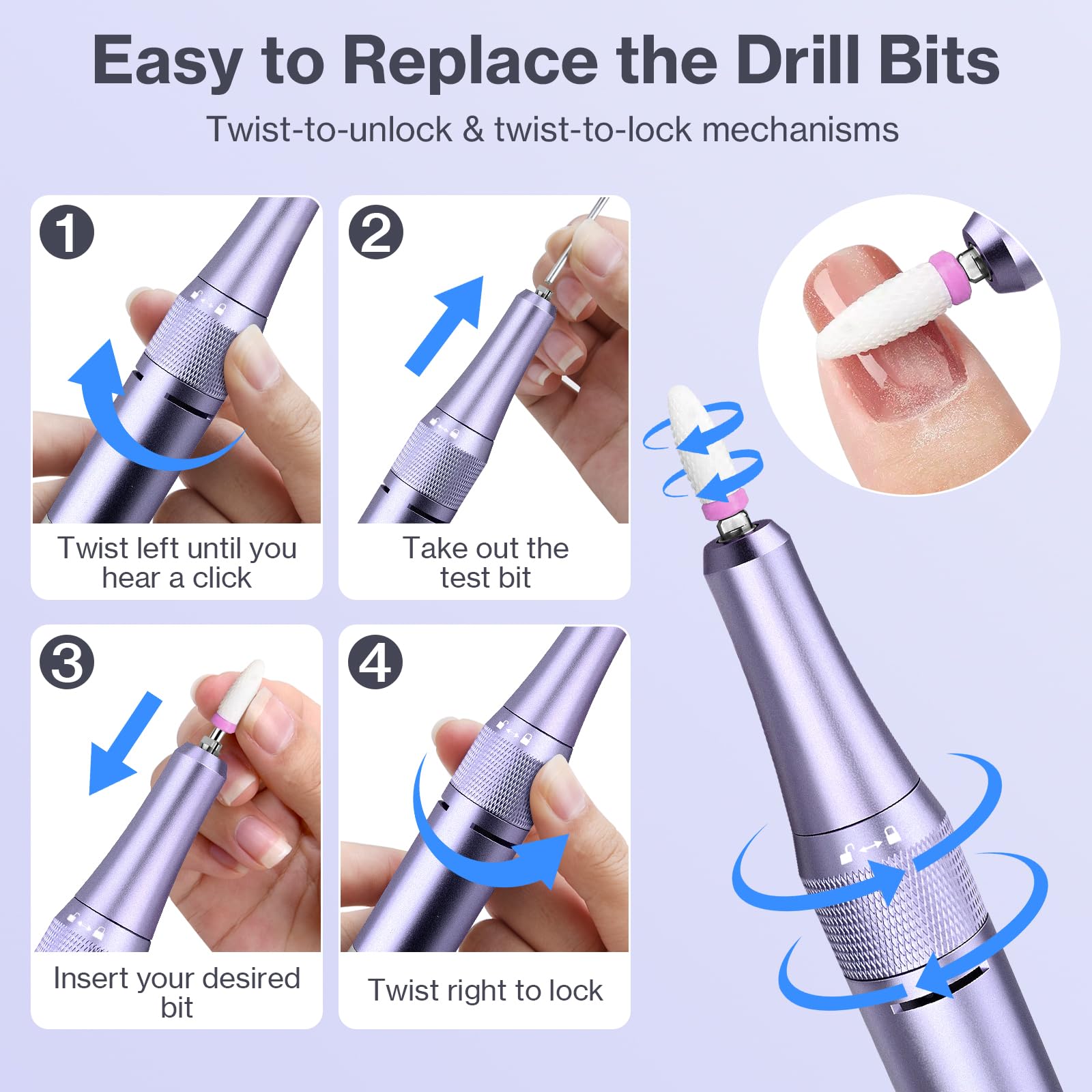 Ponceuse pour Ongles Professionnelle 50000 RPM,Lime à Ongles Electrique Rechargeable,12 en 1 Lime a Ongle Electrique Portable,Pédicure Puissante et Silencieuse (Large)