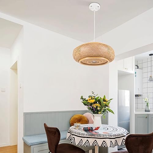 Miniatura 9 de Eapmic Lámpara colgante de bambú tejida a mano, lámpara de ratán de una sola luz, tejido de madera natural, accesorio colgante de techo con cable