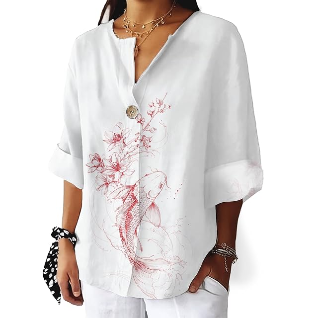 Oriental Floral Prints Shirts for Women Loose Comfy 3 4 Sleeve Blouse Fashion Casual V Neck Tops Lightweight