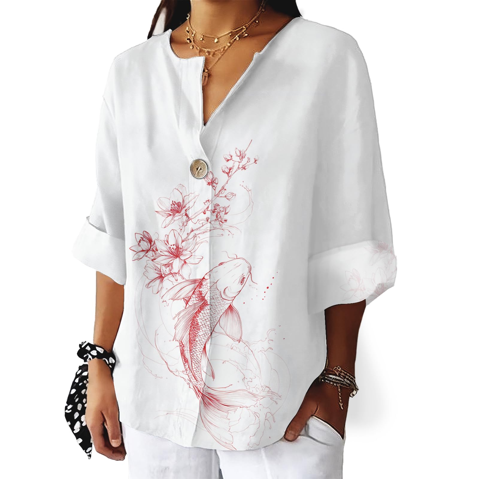 Oriental Floral Prints Shirts for Women Loose Comfy 3 4 Sleeve Blouse Fashion Casual V Neck Tops Lightweight
