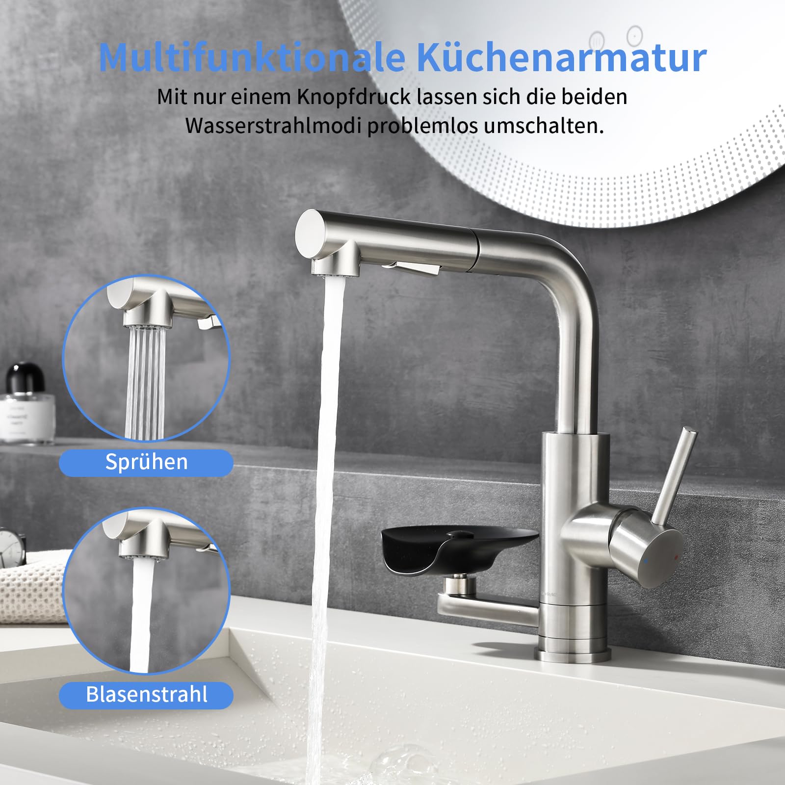 Küchenarmatur LakeBayMZC mit Glasspüler Ausziehbar Dual-Auslauf 360°-Drehung, Wasserhahn Armatur Küche Spültischarmatur 304 Edelstahl Gebürstet