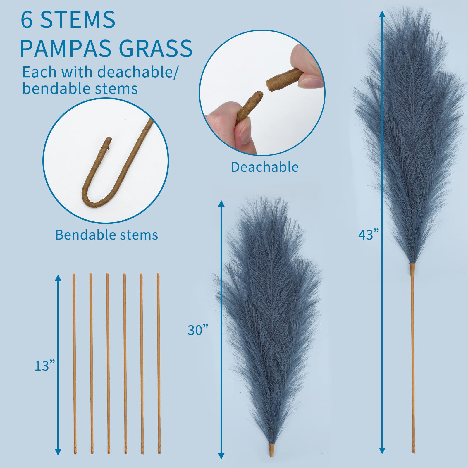 CEWOR 6pcs 43" 3.6FT Faux Pampas Grass Tall Pampas Grass Decor for Floor Vase Filler Artificial Pompous Grass Fluffy Flower Arrangement for Home, Boho Decor Flower Decoration