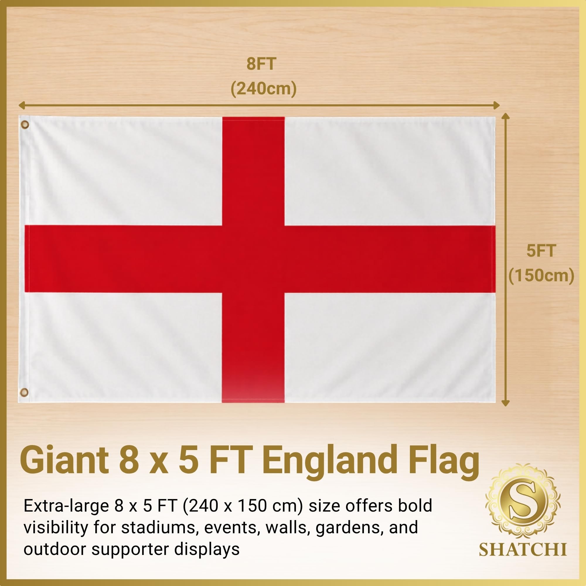 SHATCHI Grand drapeau de l'Angleterre 240 x 150 cm - Croix de St Georges - Rouge et blanc - Tissu en polyester - Œillets en laiton pour supporter la Coupe du monde de football et de rugby