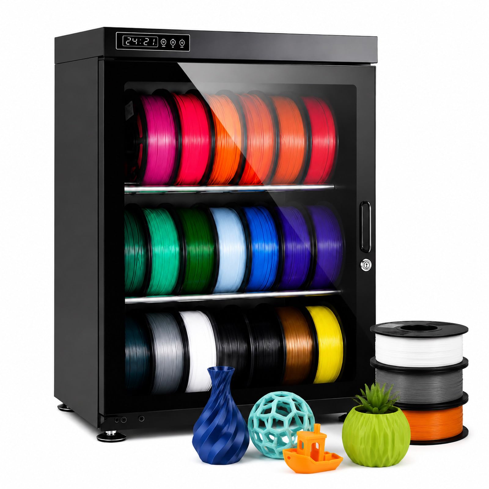 JIYINGHUI 3D Printer Filament Dryer Box, w/Auto Humidity Control (RH15%-RH60%), Holds 10-18 Rolls, Transparent Glass Door, for PLA PETG ABS TPU 115L