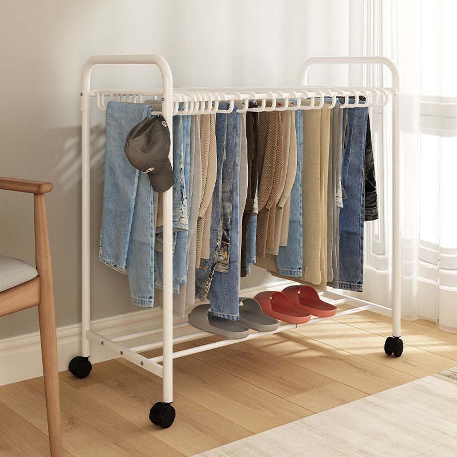 Perchero telescópico de pie para Pantalones con 30 Perchas giratorias: Organizador Multifuncional para Pantalones, solución de Almacenamiento Blanca Que Ahorra Espacio.