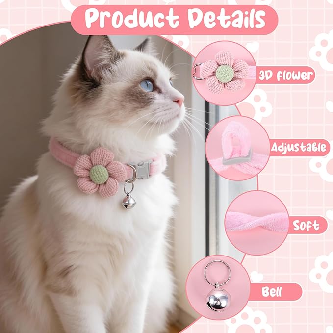 4 Collares para Gato con Flores y Campana Ajustables Seguridad miniatura 3