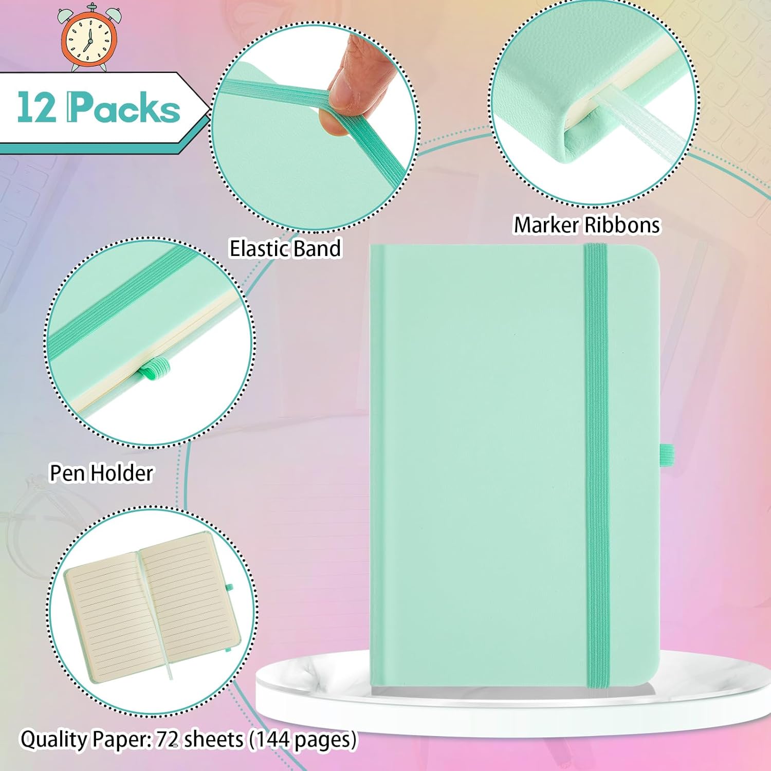 Laumoi 12 Pieces Small Notebooks A6 Pocket Journals 3.5 x 5.5 Inch Small Leather Notebook Mini Ruled Lined Journal with Elastic Band Pen Holder Page Marker Ribbons (Macaron Colors) - Image 3